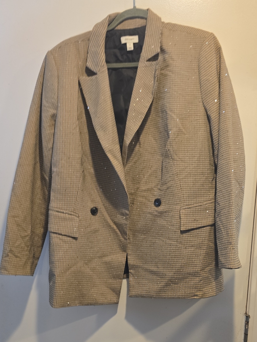 Sparkle-Detail Tan Glen Plaid Double-Breasted Blazer